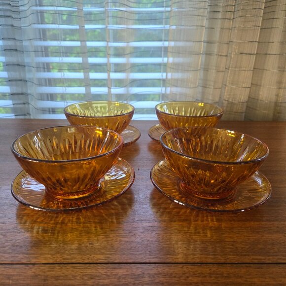 Vereco Glass Bowl and Saucers, Service for 4, VTG French Tempered Glass 6.25" - Picture 2 of 16